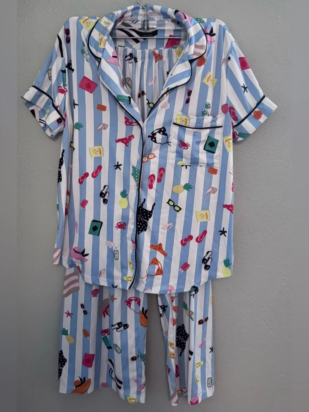 kate spade Blue & White Striped Pajama Set with Summer Icons - Picture 1 of 4